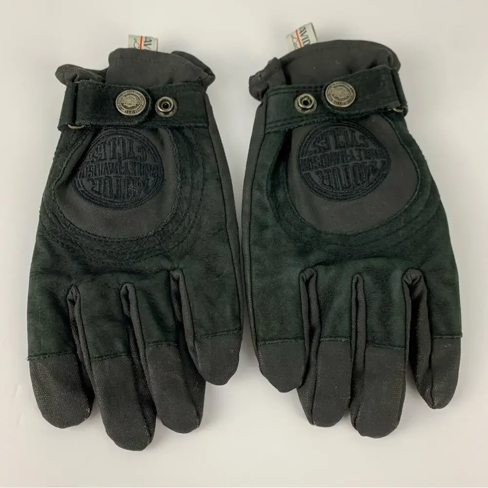 Harley Davidson Black Leather Canvas Snap Winter Gloves XL Woman’s